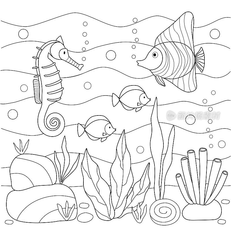 儿童涂色书与水下世界的鱼类藻类。黑色轮廓素描与简单的形状。