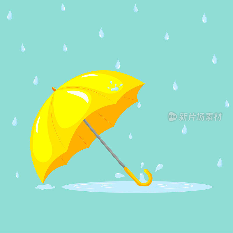 卡通矢量黄色雨伞与蓝色水坑下它。季风。雨滴下降