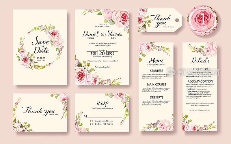 花卉婚礼邀请卡，保存日期，谢谢，回复，表标签，年龄模板。向量。玫瑰盛开，绿意盎然。