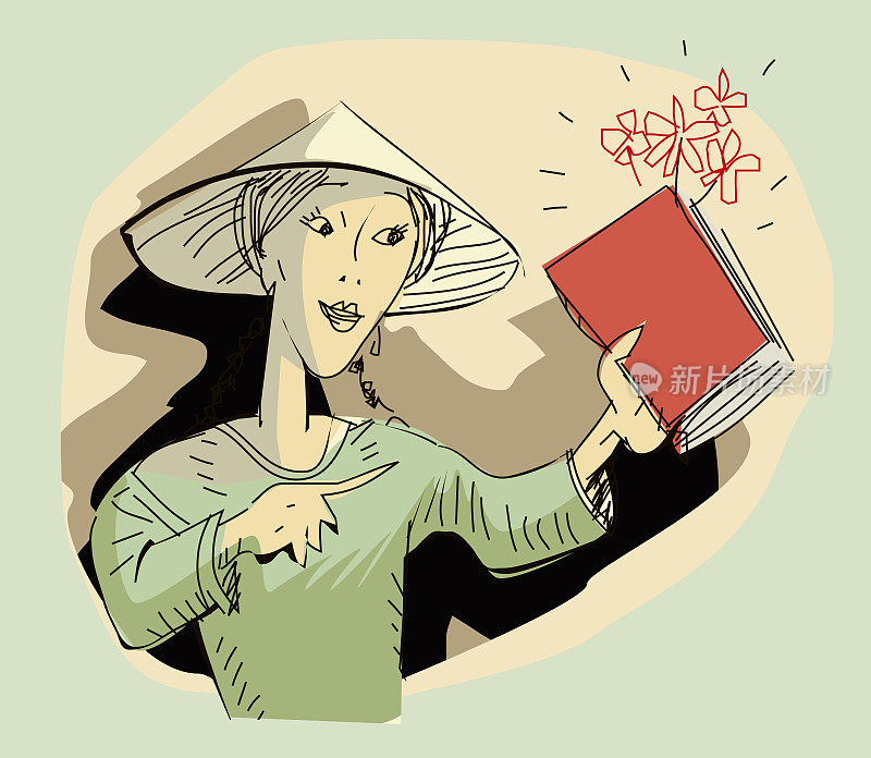 一位中国妇女手里拿着一本书，书里有鲜花