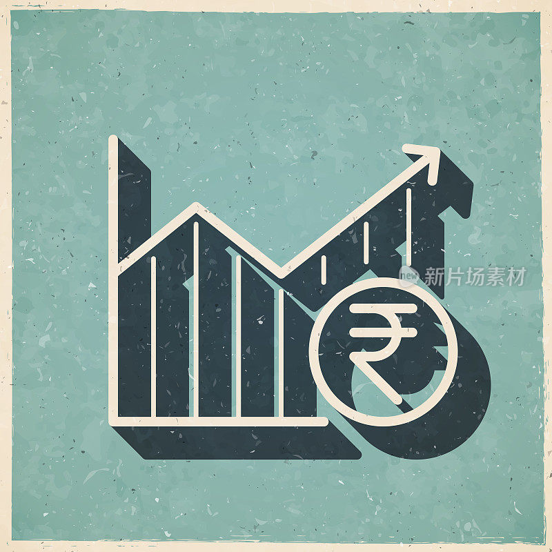 印度卢比硬币的增长图表。图标复古复古风格-旧纹理纸