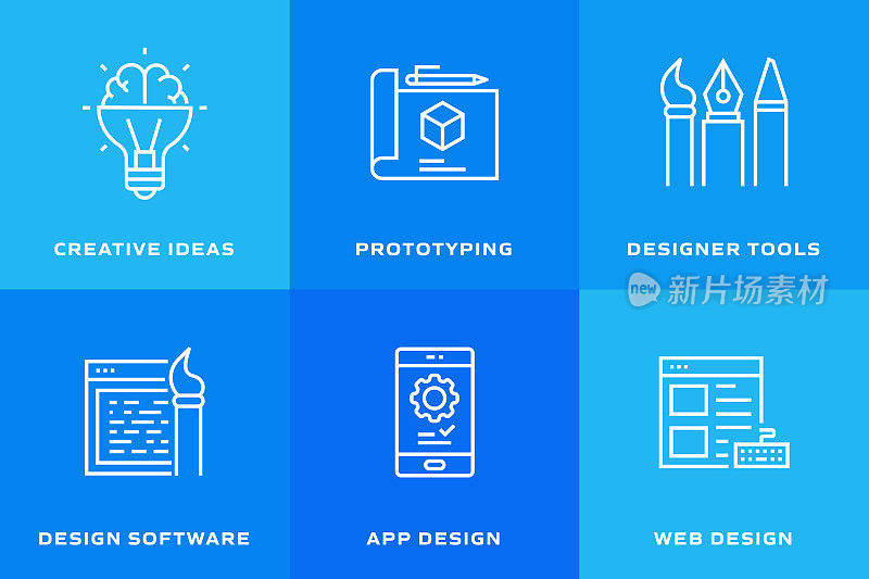 设计思维相关的矢量线图标。轮廓符号集合