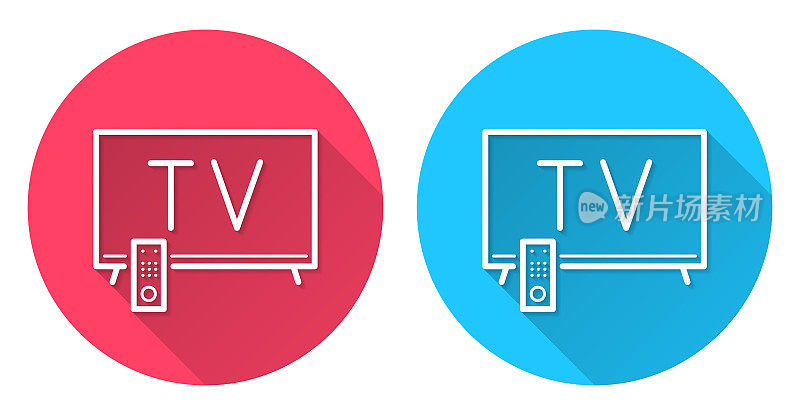 电视。圆形图标与长阴影在红色或蓝色的背景