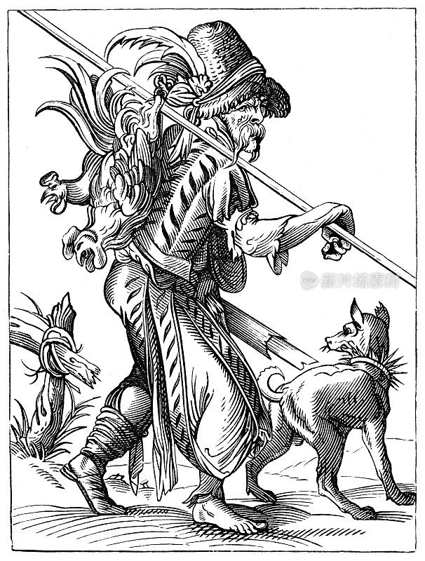 一名男子挨家挨户地卖活鸡，这是16世纪的插图