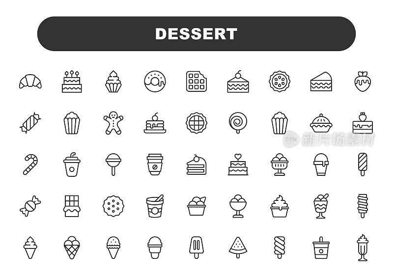 甜点线图标。可编辑的中风。包含这样的图标苹果派，烘焙，饼干，布朗尼，蛋糕，饼干，烹饪，食品，冰淇淋，餐厅，糖，巧克力。