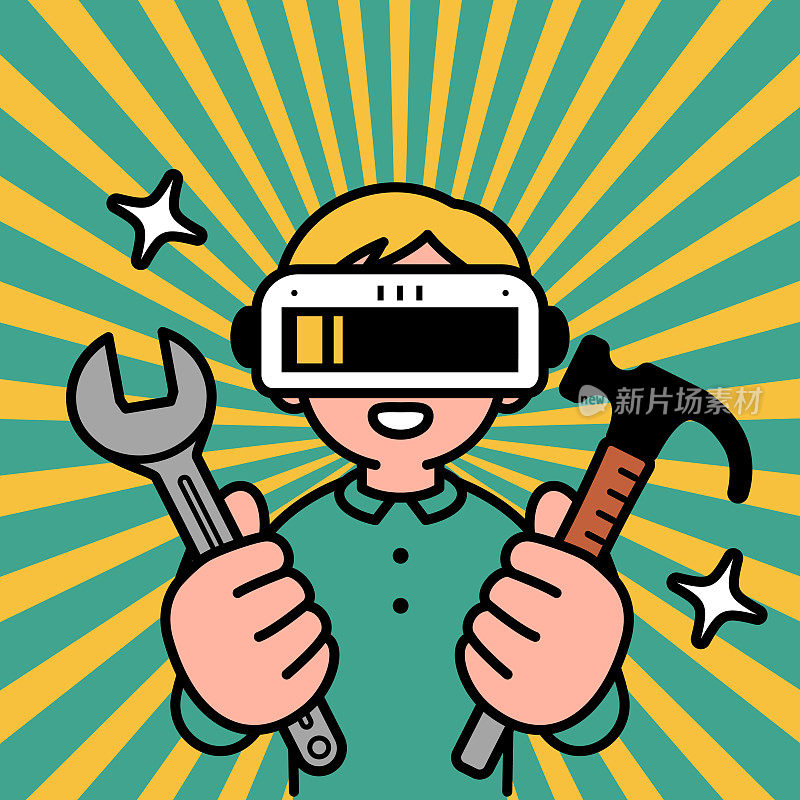 一个戴着虚拟现实耳机或虚拟现实眼镜的男孩从一个虚拟的洞里跳出来，手里拿着一把扳手和一把锤子
