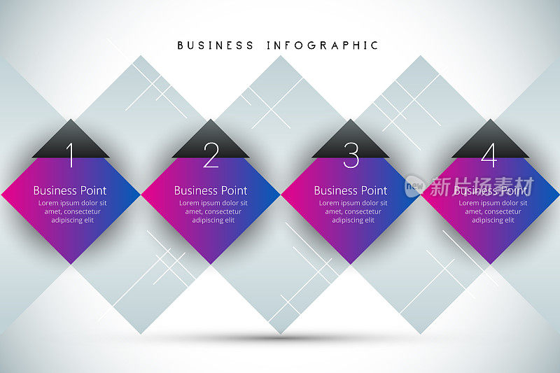 业务信息图。时间轴有4个步骤，选项，正方形。向量模板。