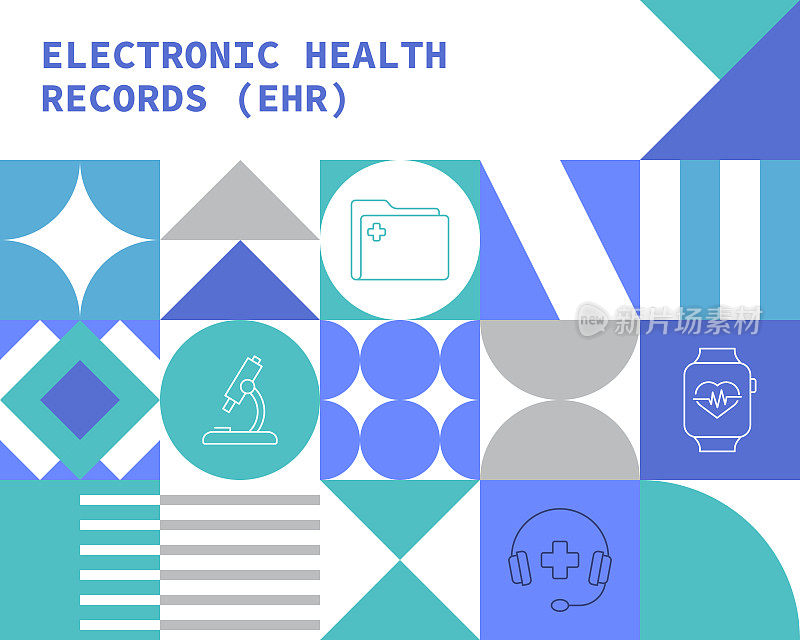 电子健康记录(EHR)概念包豪斯风格的背景设计与可编辑的笔画线图标