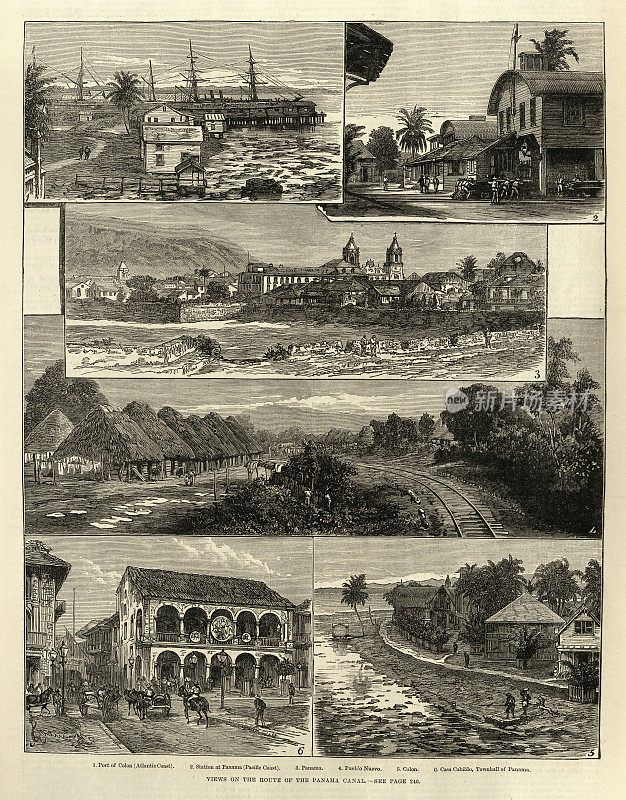 巴拿马运河路线，科隆港，火车站，1881年，复古插图19世纪的历史。