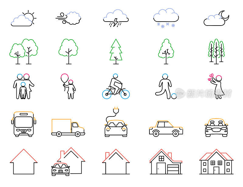 云彩、树木、儿童、车辆和房屋的图标。
