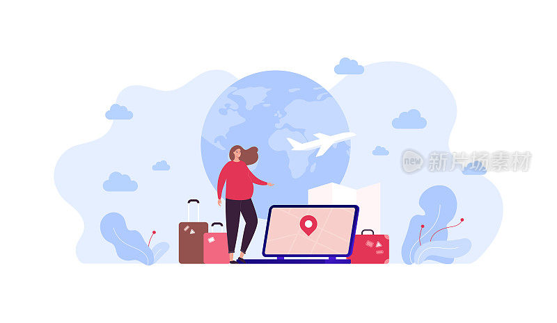 旅游，怀孕和旅游概念。矢量平面人插图。怀孕的女性游客带着行李在地球地球背景上。行李，飞机，手提箱和带有地图符号的笔记本电脑。