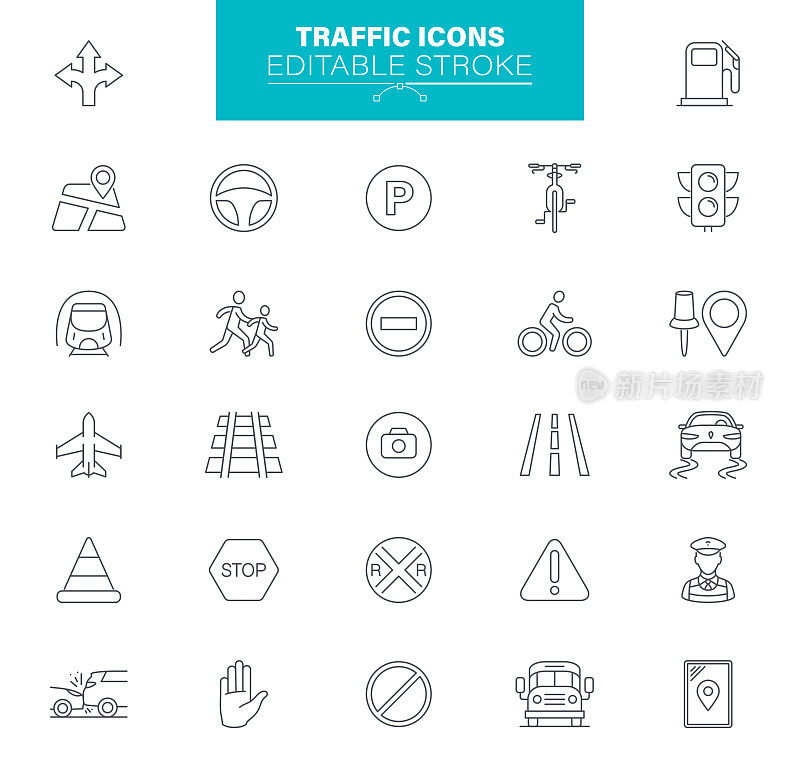交通图标可编辑的笔触。包含道路，停止标志，交通锥，汽车，车辆，警告标志，地图，导航，