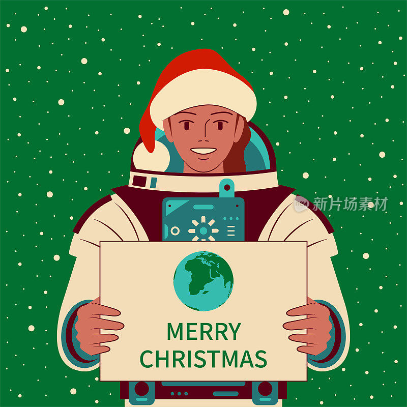 美丽的女宇航员(宇航员)戴着圣诞老人的帽子，微笑着，手里拿着一个标志，上面写着地球的符号和圣诞快乐的文字