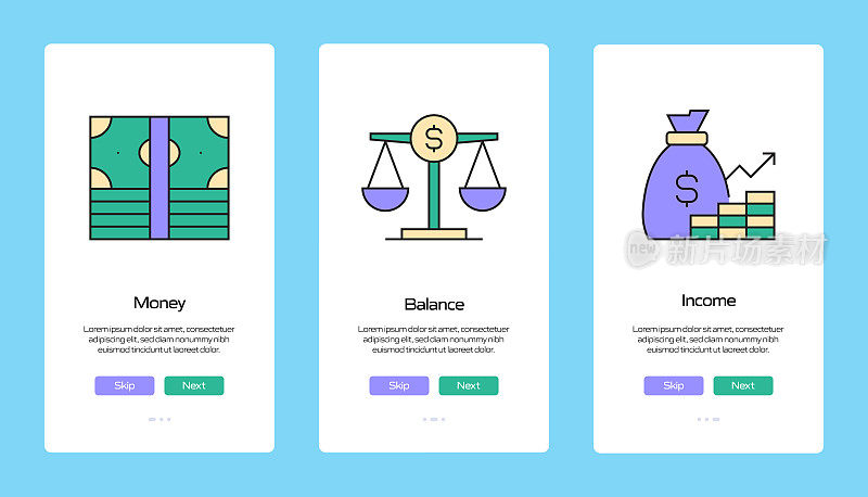 金钱概念入职手机应用程序页面屏幕与平面图标。UI设计模板矢量插图