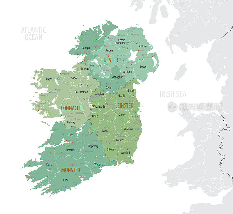详细的地图，爱尔兰的行政区划分为省和县，主要城市的国家，矢量插图在白色背景