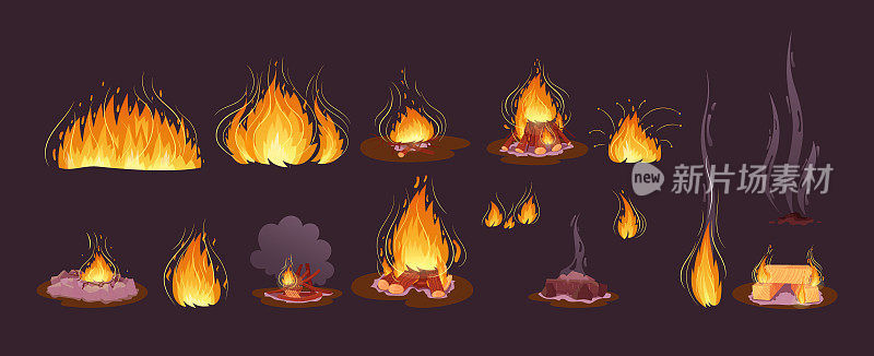 柴火板，树枝和原木的篝火，燃烧着的木头，燃烧着的，熄灭了的篝火