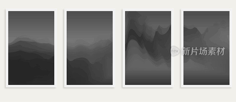 向量梯度流动单色山水彩画水墨场景图案横幅卡设计元素，液体效果，插图抽象背景集合