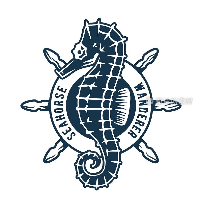 海洋航海海马和舵轮标志