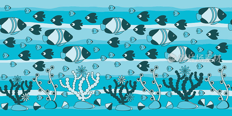 涂鸦。无缝边界水下海洋生物。向量鱼类藻类