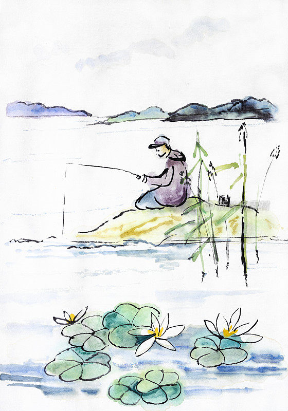 湖岸上孤独的渔夫