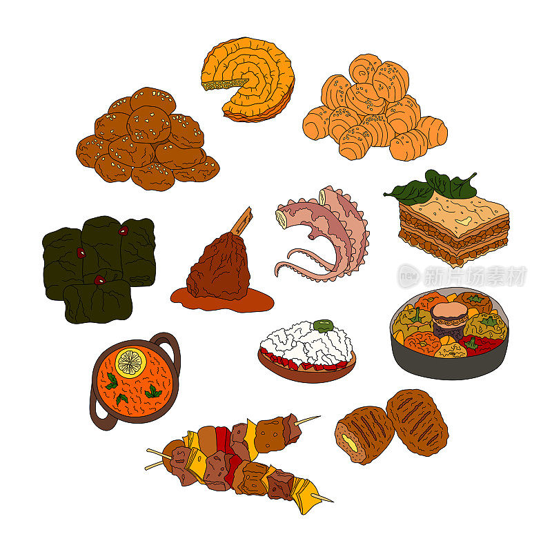 手绘的传统希腊菜肴和甜点。设计草图元素菜单咖啡厅，小酒馆，餐厅，面包店，包装，传单或海报。矢量彩色插图。