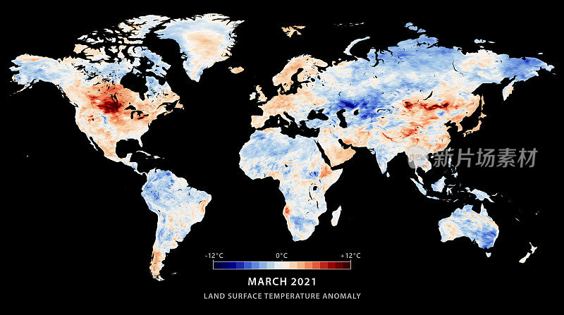 世界地图地表温度异常，2021年3月