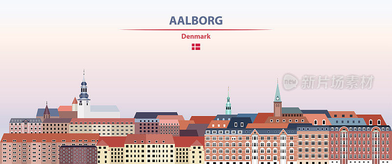 奥尔堡的日落天空背景矢量插图与国家和城市的名字和丹麦的国旗