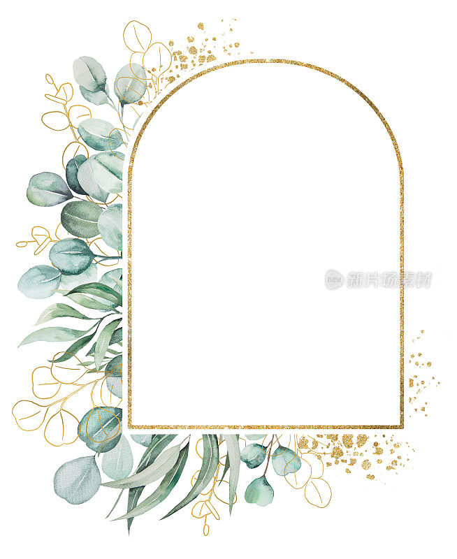 水彩绿色桉树叶金色框架，婚礼和问候插图