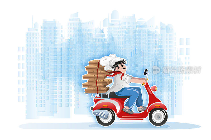意大利披萨厨师在城市插图中孤立地骑着滑板车送食物