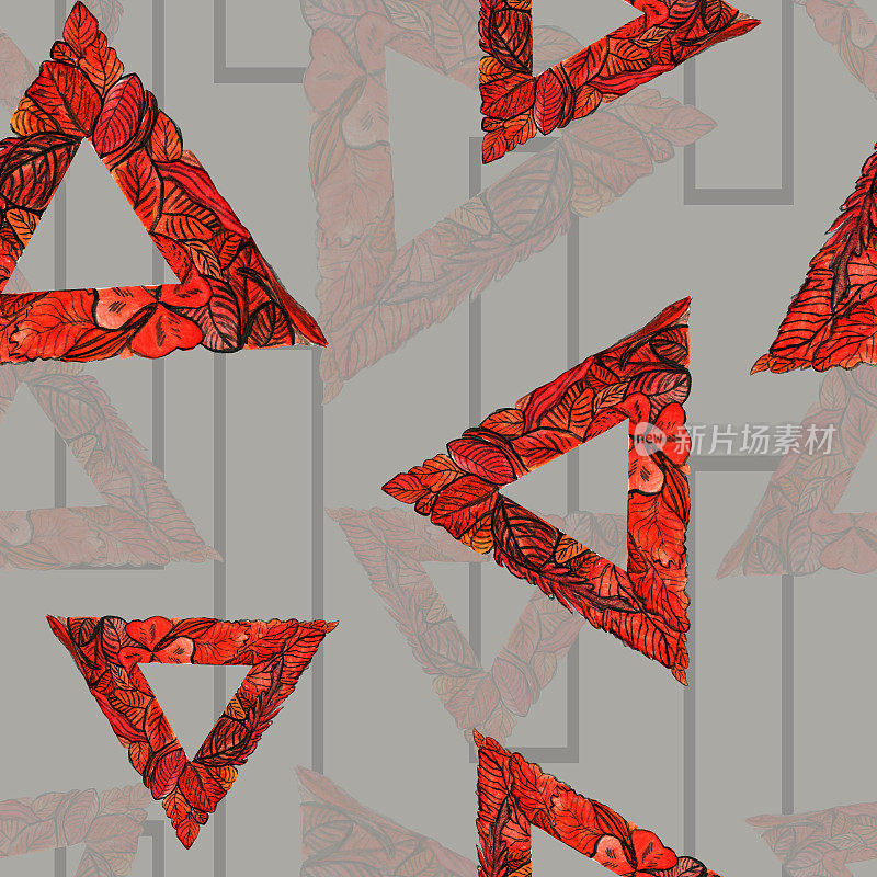 水彩图案三角形几何，红叶在灰色背景上为您无缝设计