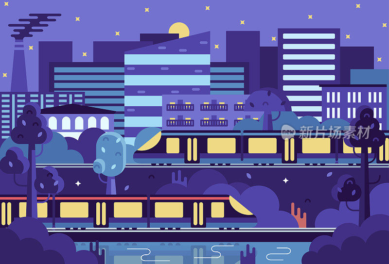 两列火车附近的夜晚城市，矢量插图与大都市未来全景。矢量插图在平面风格