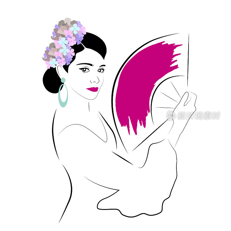 一名西班牙妇女，穿着弗拉明戈舞服装，头发上插着花，手里拿着一把粉红色的大扇子