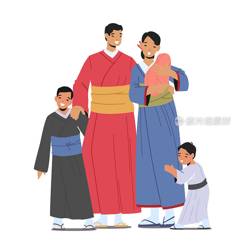 幸福亚洲家庭的父母和孩子穿传统和服。微笑的母亲和婴儿手上，父亲和孩子