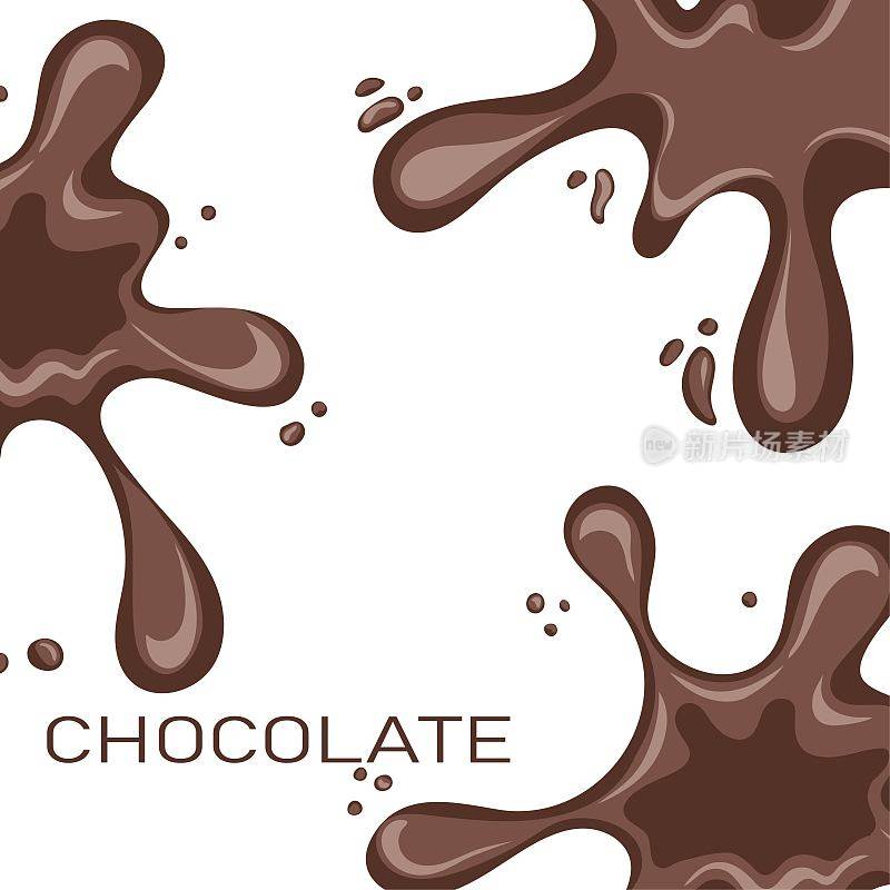 巧克力广场背景。白色背景上融化的巧克力斑点