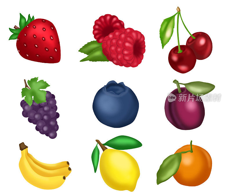 矢量图像集9张水果图片，草莓，覆盆子，樱桃，葡萄，蓝莓，李子，香蕉，柠檬，橘子，孤立的物体