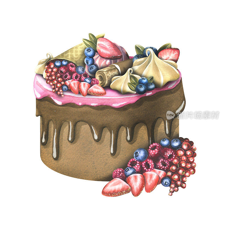 一个大的巧克力蛋糕，上面有糖衣、浆果、华夫饼和蛋白霜。水彩插图。从大量的SWEETS集合中分离出来的对象。用于装饰、设计和组成、标志、菜单、标签。