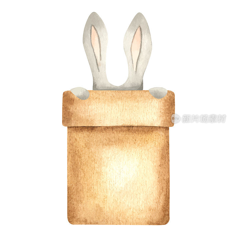 带有兔子耳朵的礼品盒。可爱的兔子耳朵从礼品盒后面探出头来。水彩插图