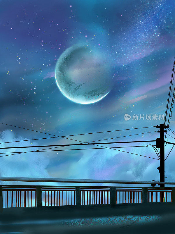这是一张黑白剪影的背景图，夜空中有美丽的月亮和星星，一根电线杆和一座人行天桥。