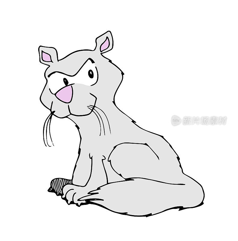 可爱可疑的灰色猫角色回头看坐在地板上。卡通风格矢量插图。