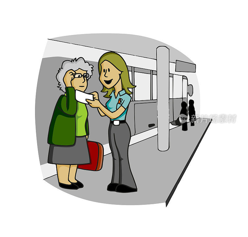 可爱的女工穿着统一的工作服，在公交车站给一个看车票的老太太指路。卡通风格矢量插图。