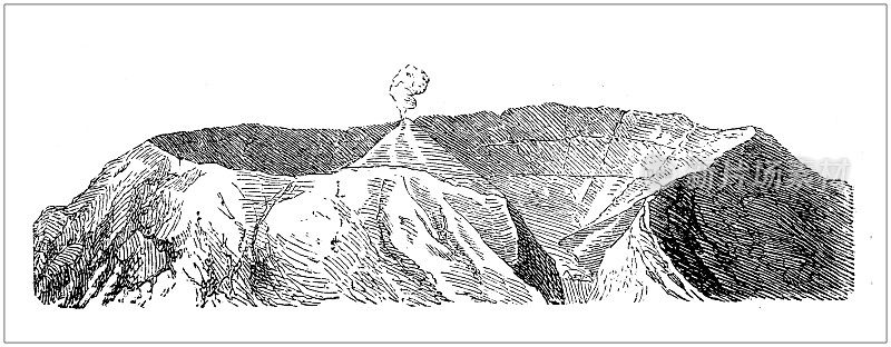 古董插图、地质和化石:荒岛(安达曼群岛)火山