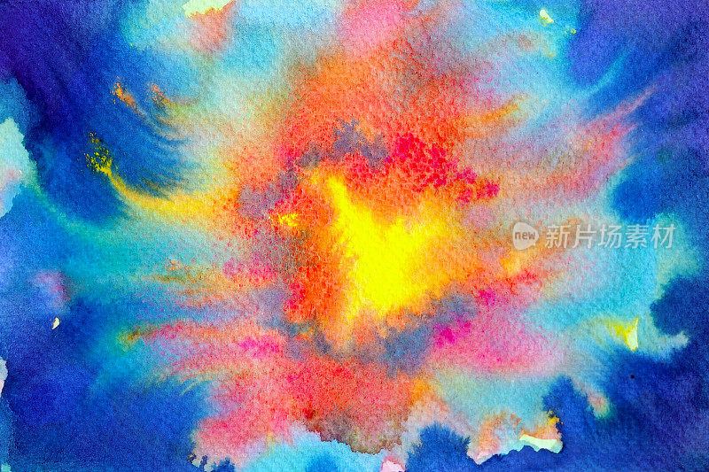 红橙热火火焰喷发燃烧飞溅在蓝天宇宙抽象太阳能量动力星系背景水彩画艺术纹理插图设计手绘