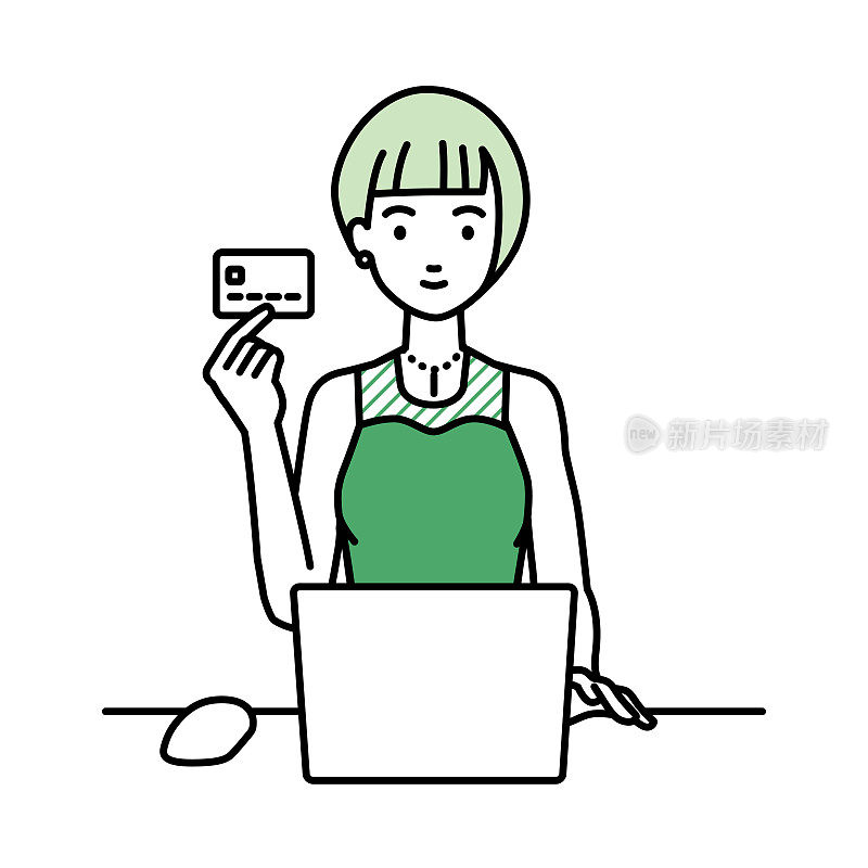 一个穿着衣服的女人坐在桌子前用笔记本电脑，手里拿着一张信用卡