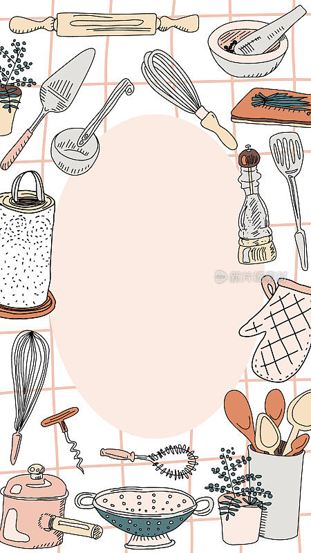 烹饪工具和烹饪概念。社交媒体故事模板。矢量背景与手绘厨房用具。