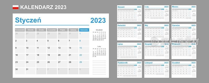 2023年波兰日历。一周从星期一开始。简单的向量模板。业务设计计划。