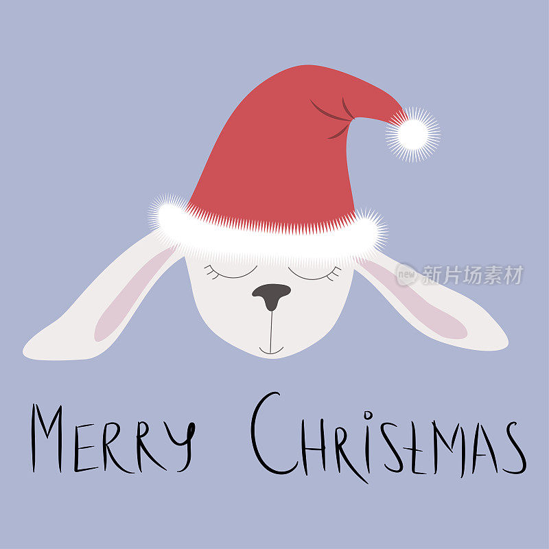 戴着圣诞帽的小白兔或兔子的嘴，上面写着圣诞快乐。