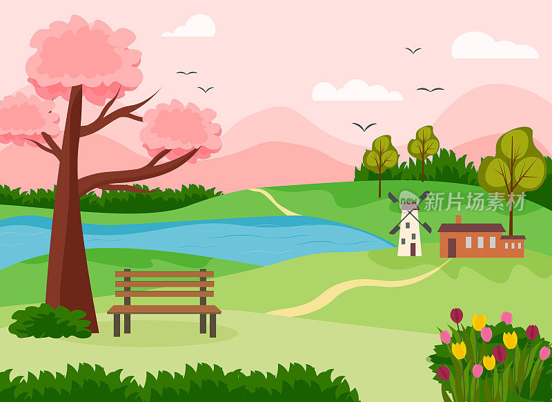 春天的乡村风景版画。房子和磨坊，开花的树木和灌木，长凳和湖泊。