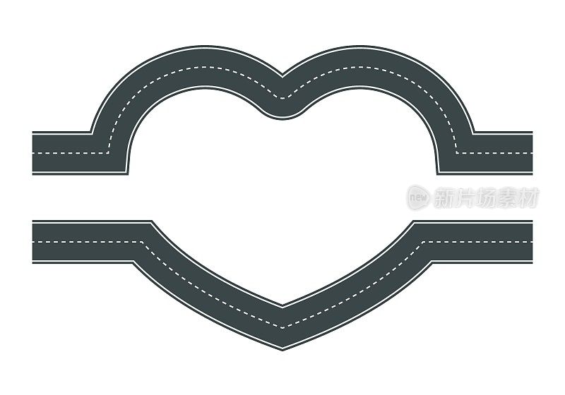 心形道路的矢量插图与白色背景上的白色标记隔离。俯视图中空的心形柏油路。情人节模板。