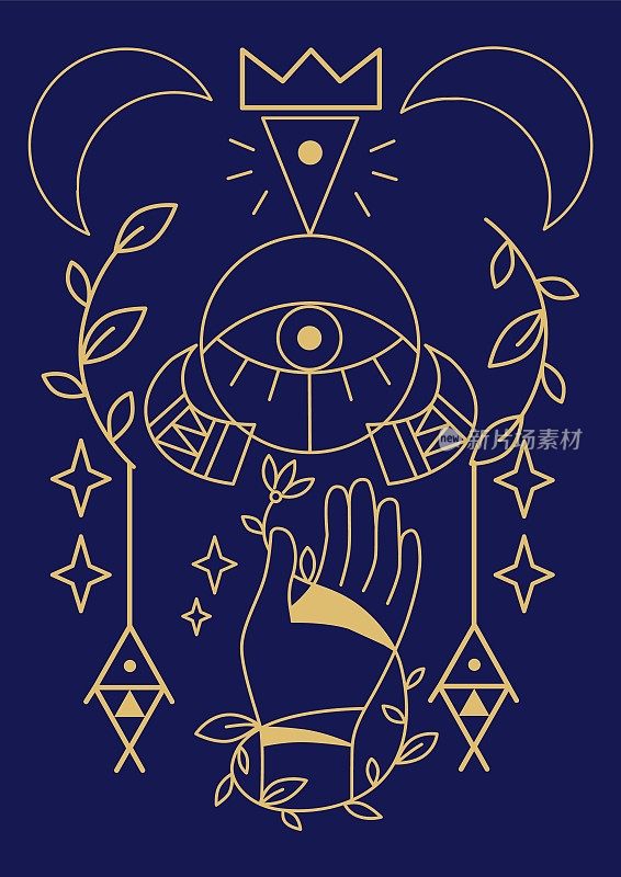 那种波西米亚风格的海报。蓝色方形卡片，轮廓神秘。手和天眼。恒星和新月。植物的叶子。神奇的护身符。魔法和炼金术。矢量波西米亚横幅