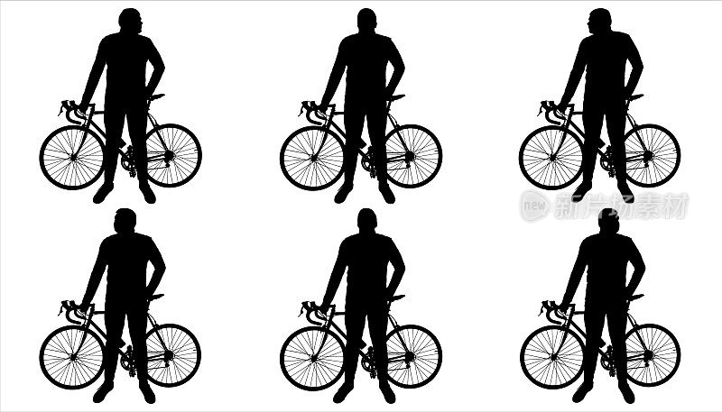 骑自行车。运动。自行车旅游。一个男人站在一辆自行车旁边。视角:自行车——侧着身子，男人——看着镜头。骑自行车的那个人。六名黑人男性的剪影孤立在白色背景上